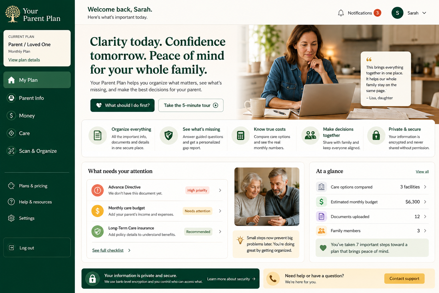 Preview of the Your Parent Plan dashboard